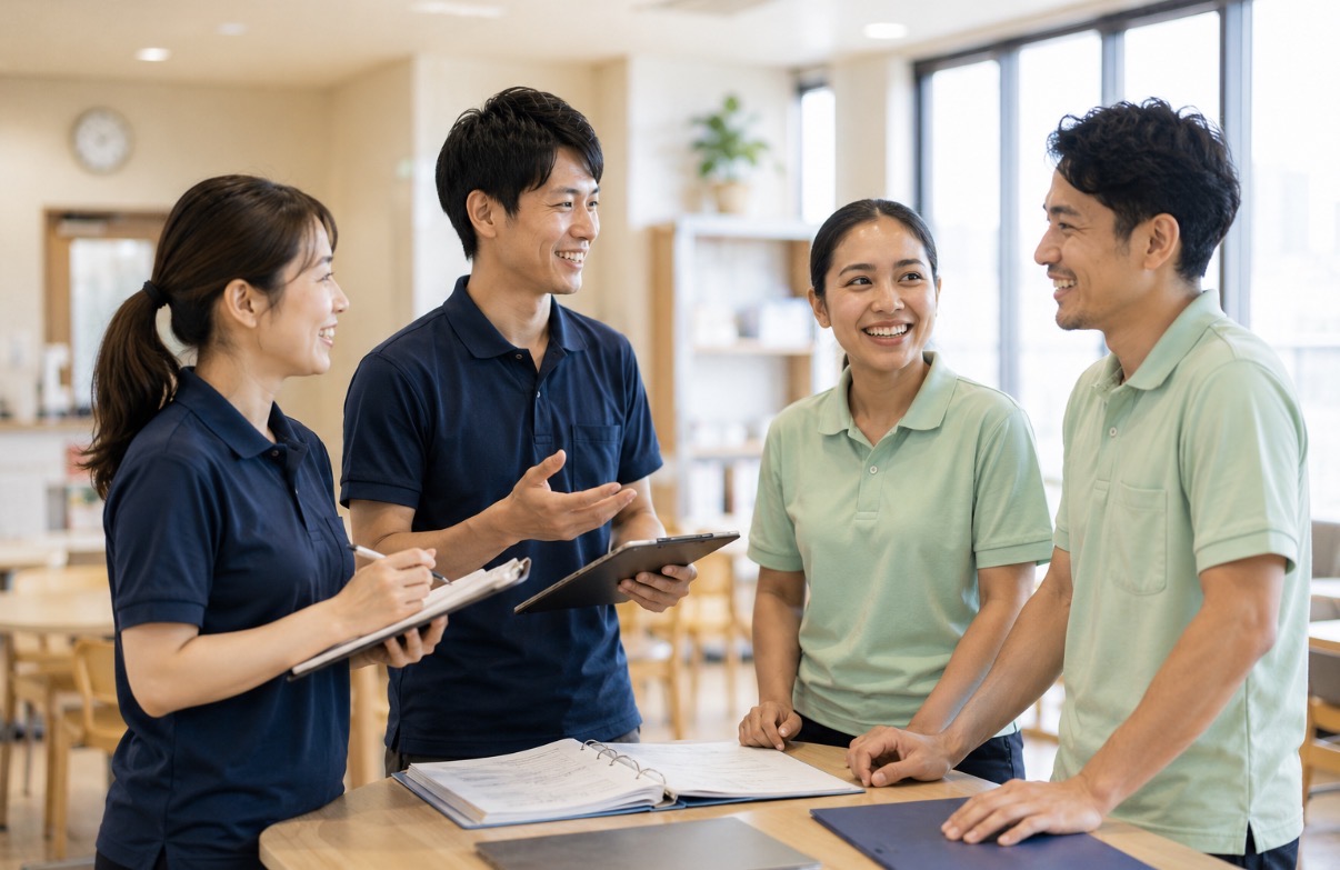 日本人・外国人スタッフが笑顔で連携する様子