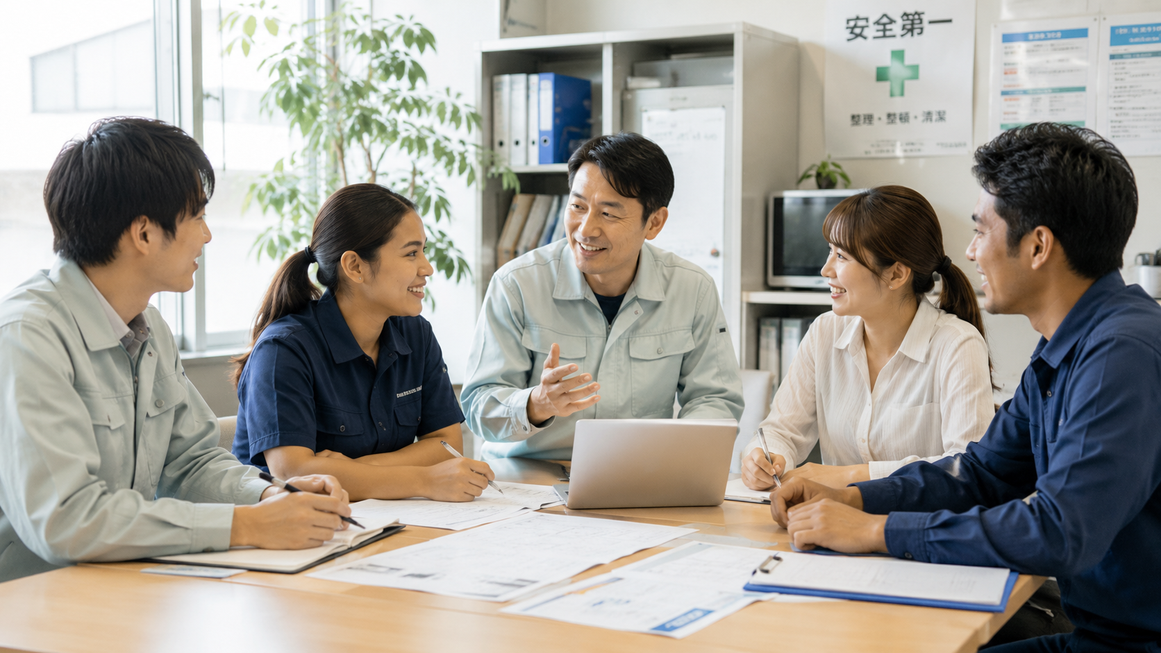 日本人・外国人スタッフが共にミーティングする小規模企業の様子